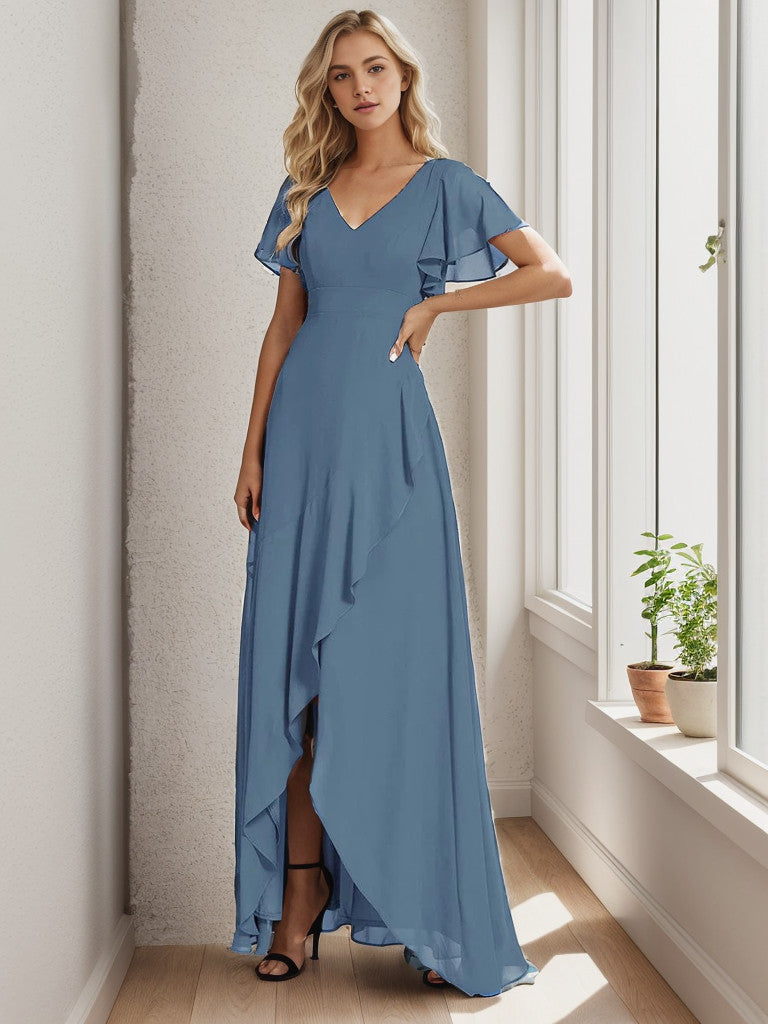 Charmante robe de demoiselle d'honneur en mousseline de soie Weitese avec ourlet en feuille de lotus