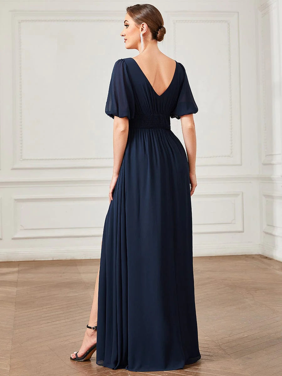 Weitese Chiffon Illusion V-Neck Flutter Sleeve Front Slit Evening Dress