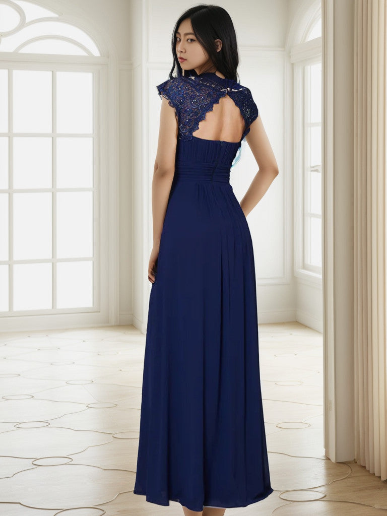 Weitese Maxi Lace Cap Sleeve Long Formal Evening Dress