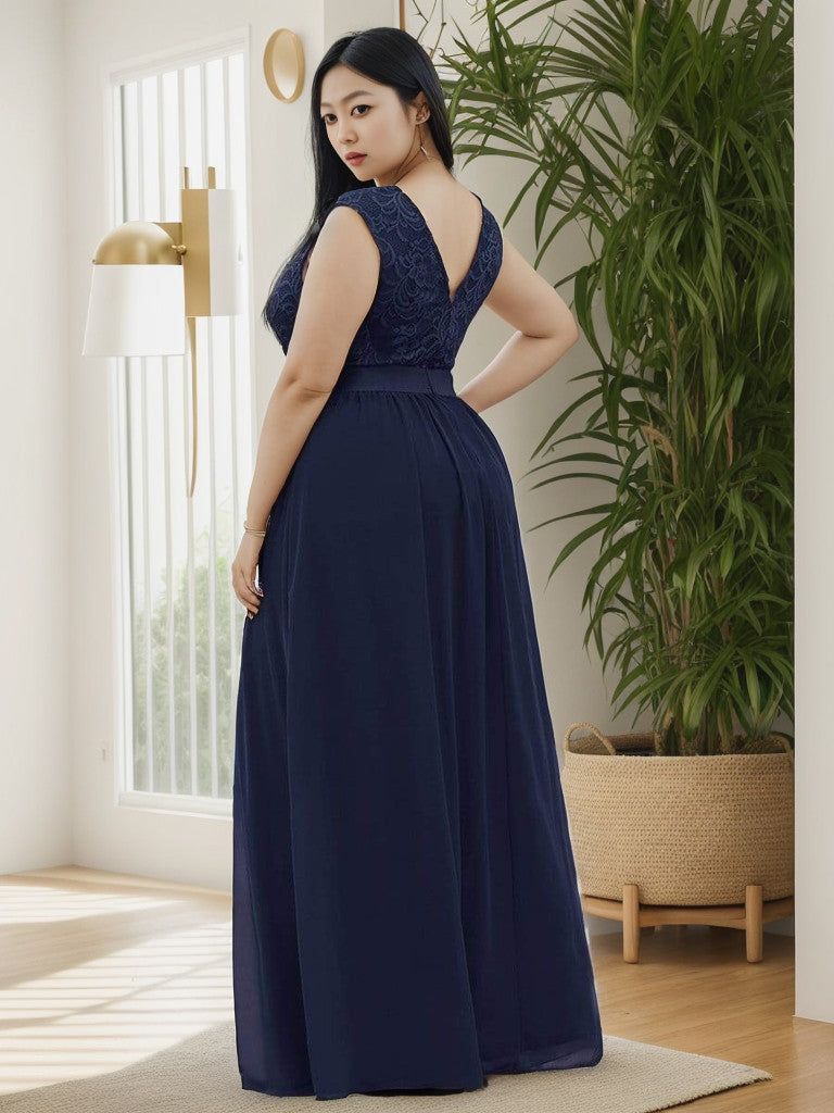 Robe de demoiselle d'honneur Weitese grande taille, classique, col rond, dos en V, coupe trapèze, en mousseline de soie et dentelle