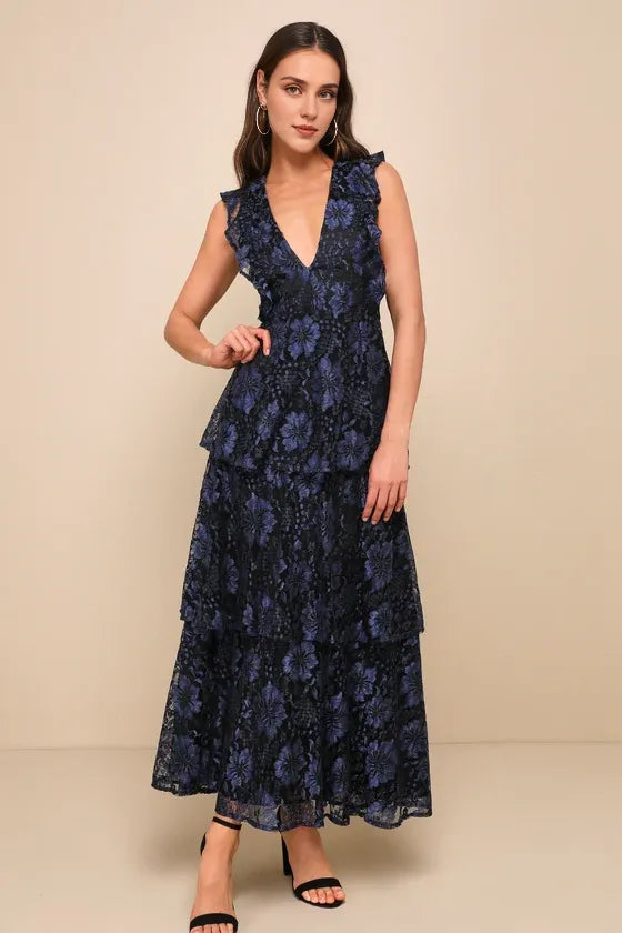 Weitese Formal Women's Dresses Deep V Neck Navy Blue Lace Ruffled Tiered Sleeveless Maxi Dress Prom Dress Stores