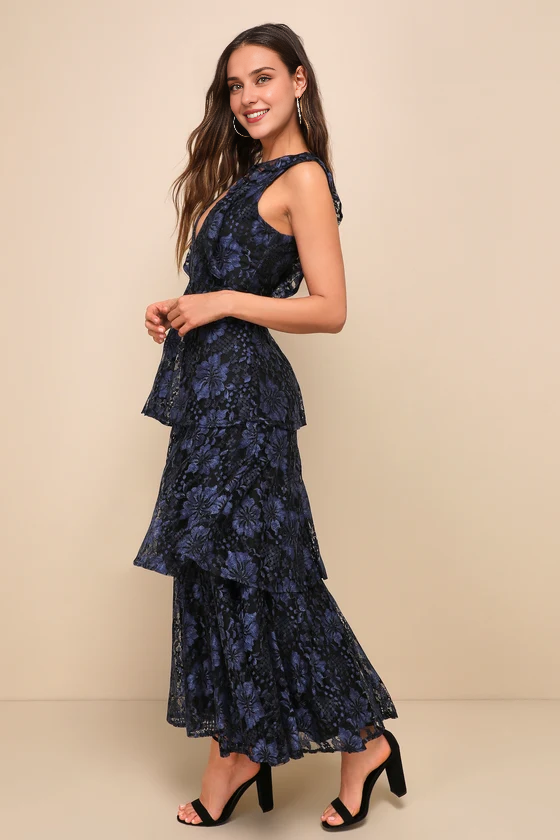 Weitese Formal Women's Dresses Deep V Neck Navy Blue Lace Ruffled Tiered Sleeveless Maxi Dress Prom Dress Stores