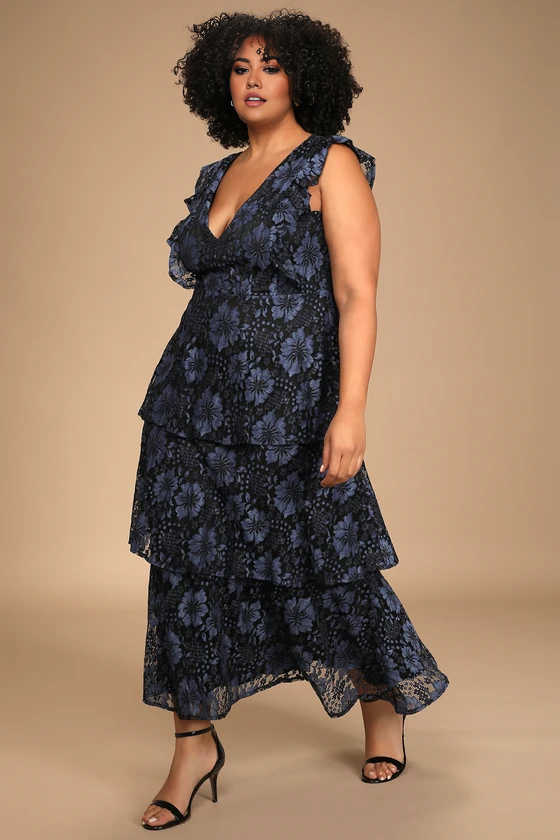 Weitese Formal Women's Dresses Deep V Neck Navy Blue Lace Ruffled Tiered Sleeveless Maxi Dress Prom Dress Stores