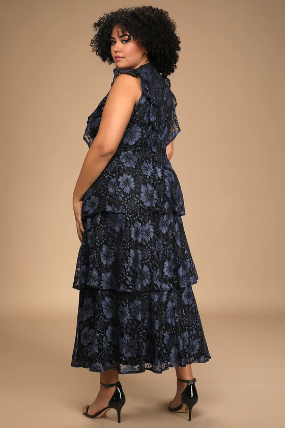 Weitese Formal Women's Dresses Deep V Neck Navy Blue Lace Ruffled Tiered Sleeveless Maxi Dress Prom Dress Stores