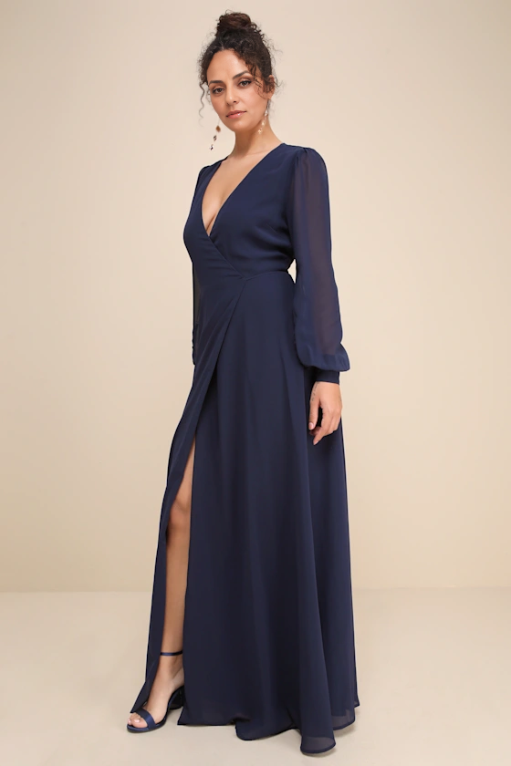 Weitese Formal Women's Dresses Deep V Neck Navy Blue Long Sleeve Slit Wrap Dress Prom Dress Stores