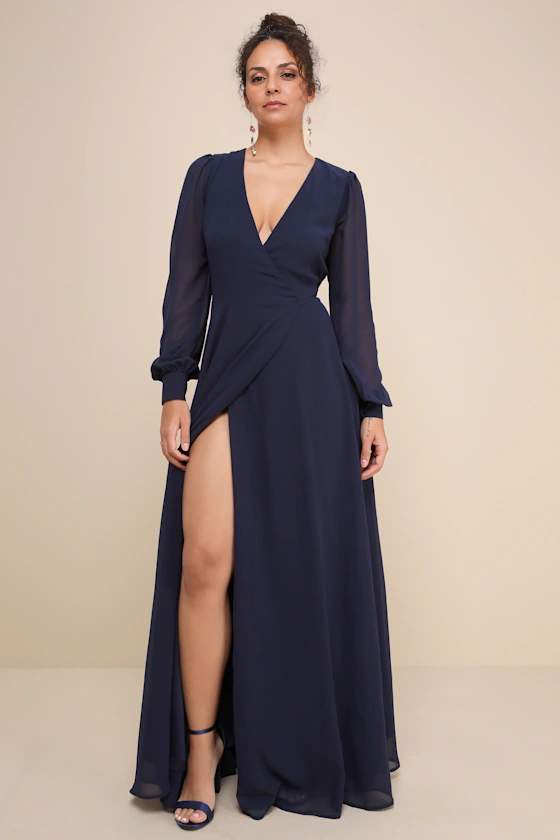 Weitese Formal Women's Dresses Deep V Neck Navy Blue Long Sleeve Slit Wrap Dress Prom Dress Stores