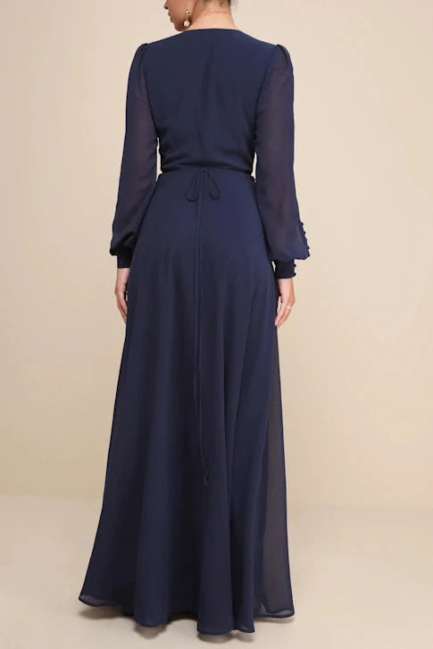 Weitese Formal Women's Dresses Deep V Neck Navy Blue Long Sleeve Slit Wrap Dress Prom Dress Stores