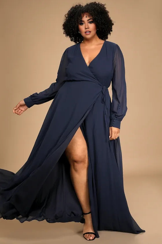 Weitese Formal Women's Dresses Deep V Neck Navy Blue Long Sleeve Slit Wrap Dress Prom Dress Stores