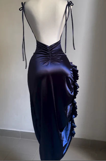 Weitese Dress Prom Dress Stores Navy Blue Open Back Ruffles Midi Length Party Dress Dresses Formal