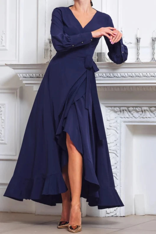 Navy Blue Ruffle Chic V Neck Tea-Length A-line Long Sleeves Bridesmaid Party Prom Evening Dress