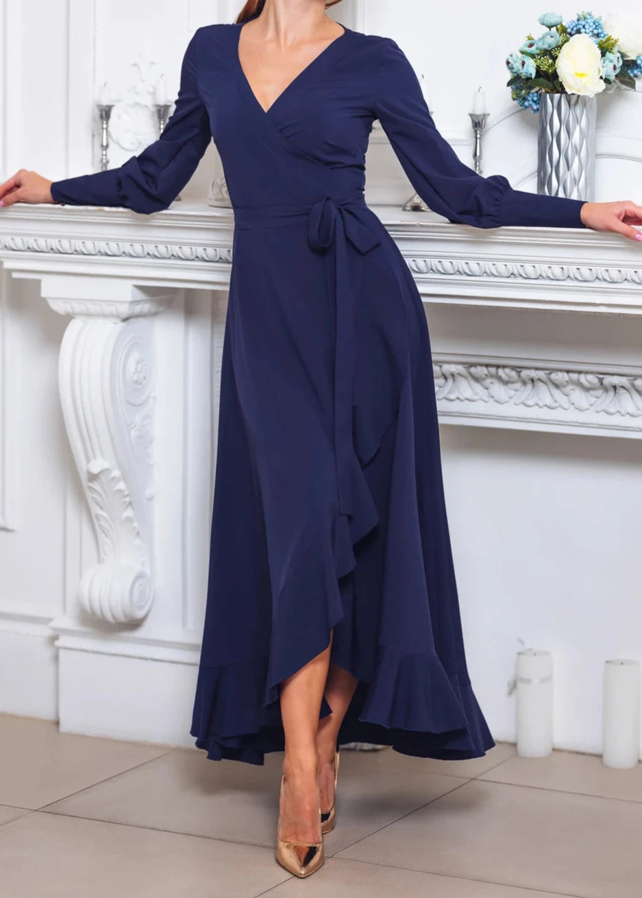 Navy Blue Ruffle Chic V Neck Tea-Length A-line Long Sleeves Bridesmaid Party Prom Evening Dress