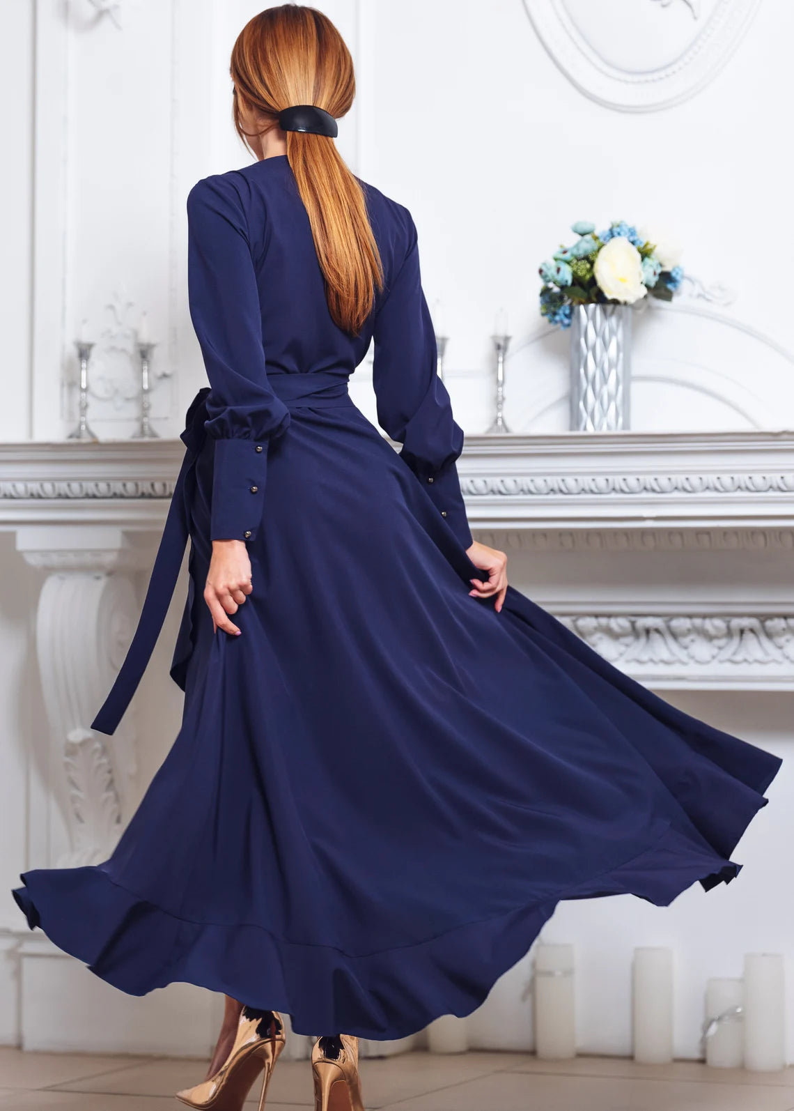 Navy Blue Ruffle Chic V Neck Tea-Length A-line Long Sleeves Bridesmaid Party Prom Evening Dress