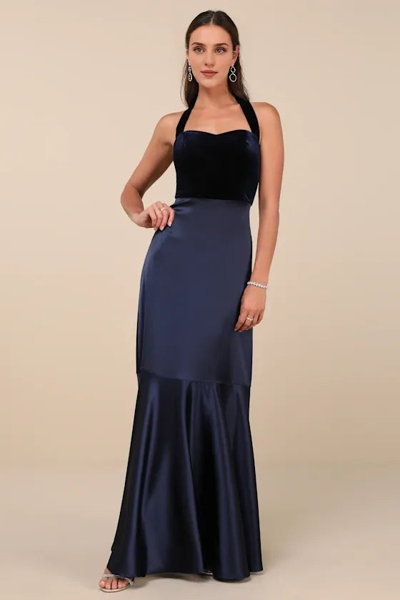 Weitese Formal Women's Dresses Mesmerizing Navy Blue Sleeveless Halter Maxi Dress Prom Dress Stores