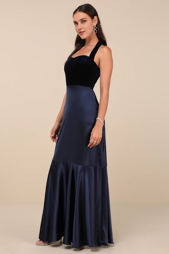 Weitese Formal Women's Dresses Mesmerizing Navy Blue Sleeveless Halter Maxi Dress Prom Dress Stores