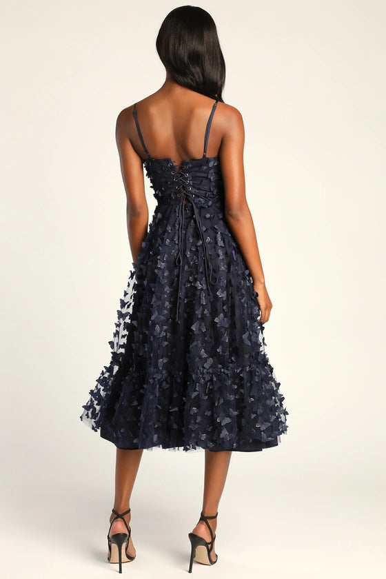 Robes de soirée Weitese pour femmes, coupe trapèze, bleu marine, bretelles spaghetti, lacets, longueur thé, robes de bal, magasins 