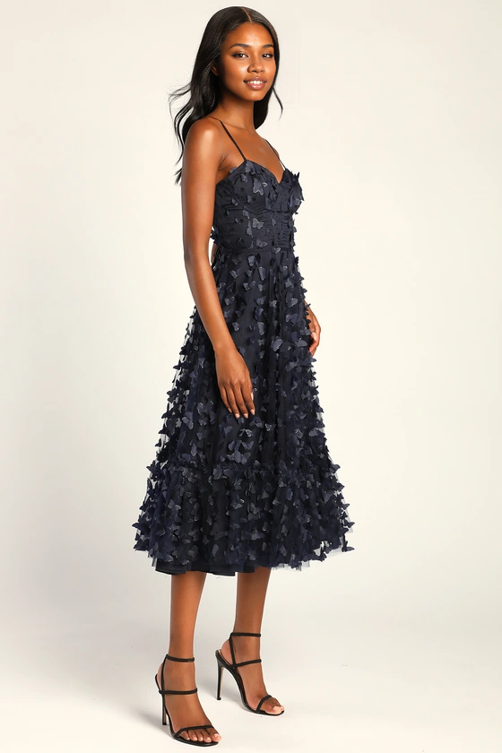 Robes de soirée Weitese pour femmes, coupe trapèze, bleu marine, bretelles spaghetti, lacets, longueur thé, robes de bal, magasins 