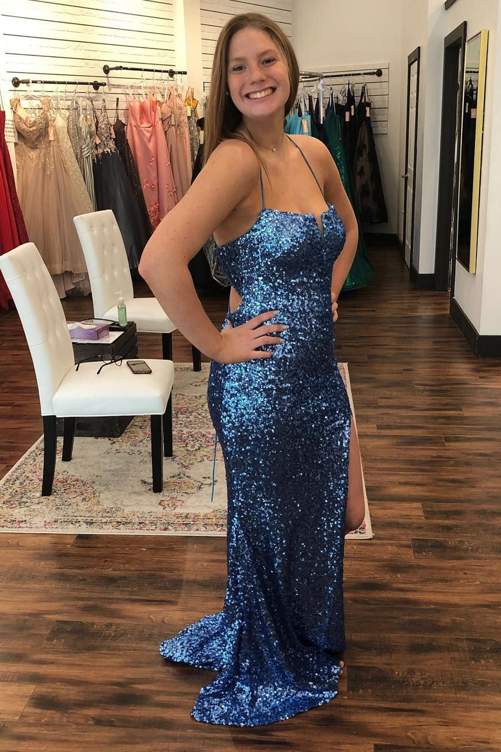 Weitese Navy Spaghetti Straps Criss-Cross Back Sequined Prom Dress