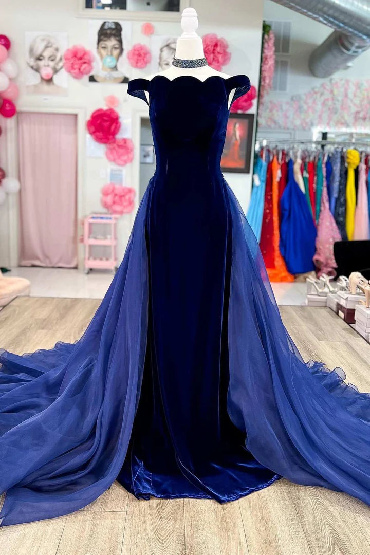 Navy Velvet Off-the-Shoulder Mermaid Pageant Prom Dress With Long Train