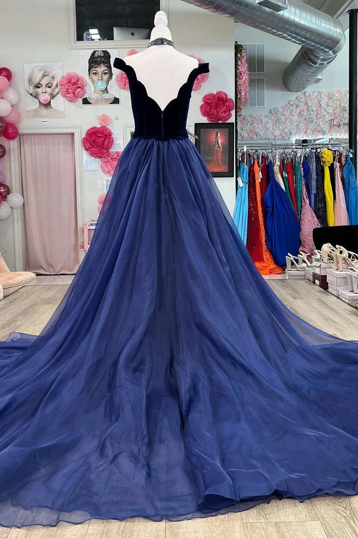 Navy Velvet Off-the-Shoulder Mermaid Pageant Prom Dress With Long Train
