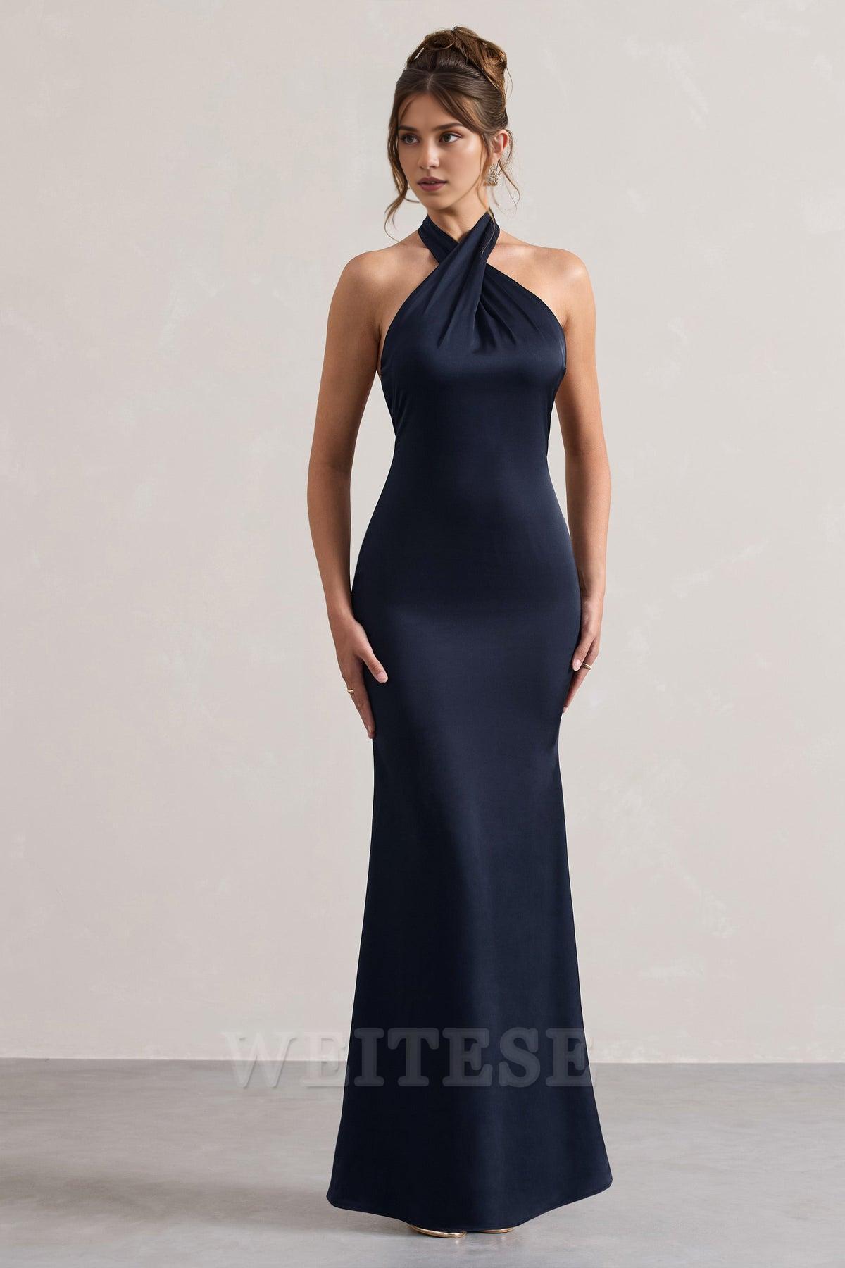 Weitese Dress Mint Green Satin Cross Over Halter-Neck Maxi Dress Prom Dress Low Backless Sleeveless Floor Length Bridesmaid Dress