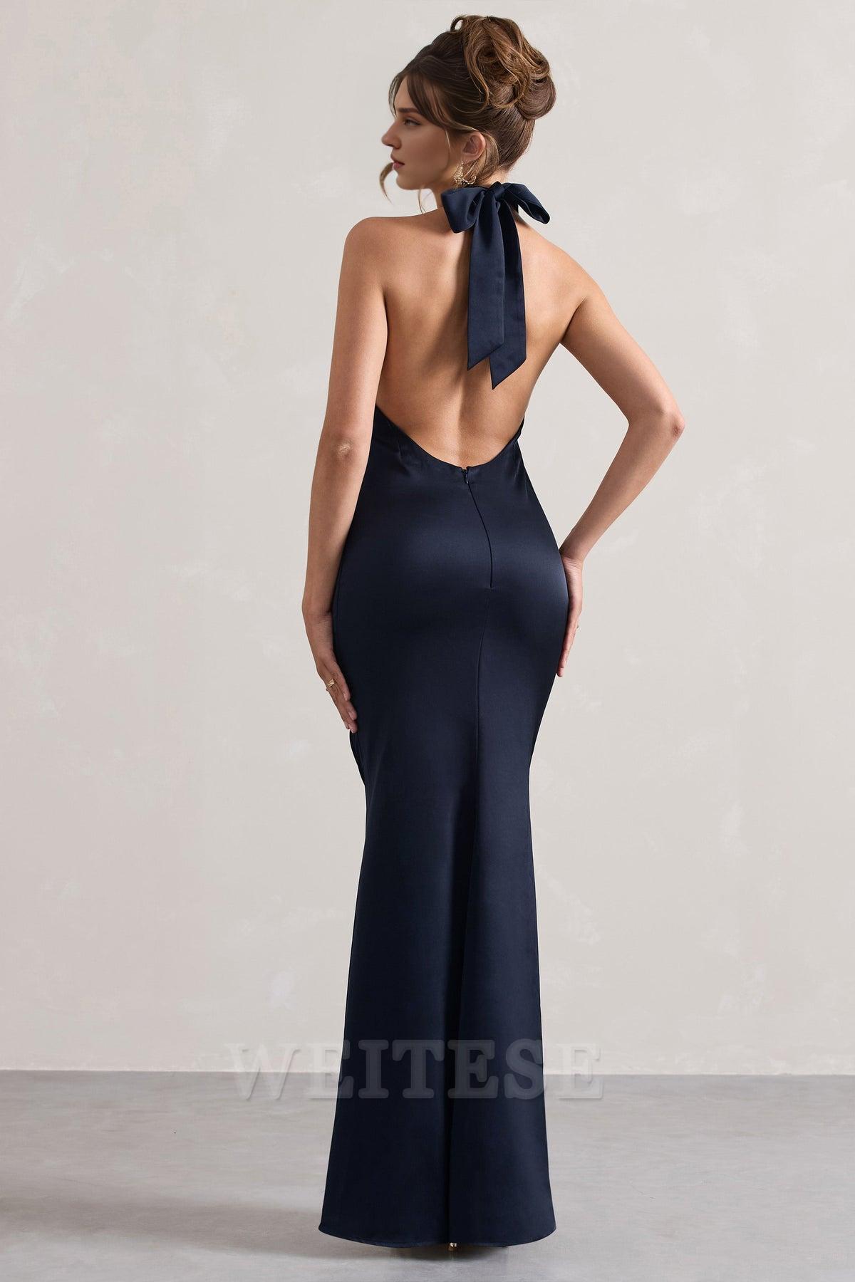 Weitese Dress Mint Green Satin Cross Over Halter-Neck Maxi Dress Prom Dress Low Backless Sleeveless Floor Length Bridesmaid Dress