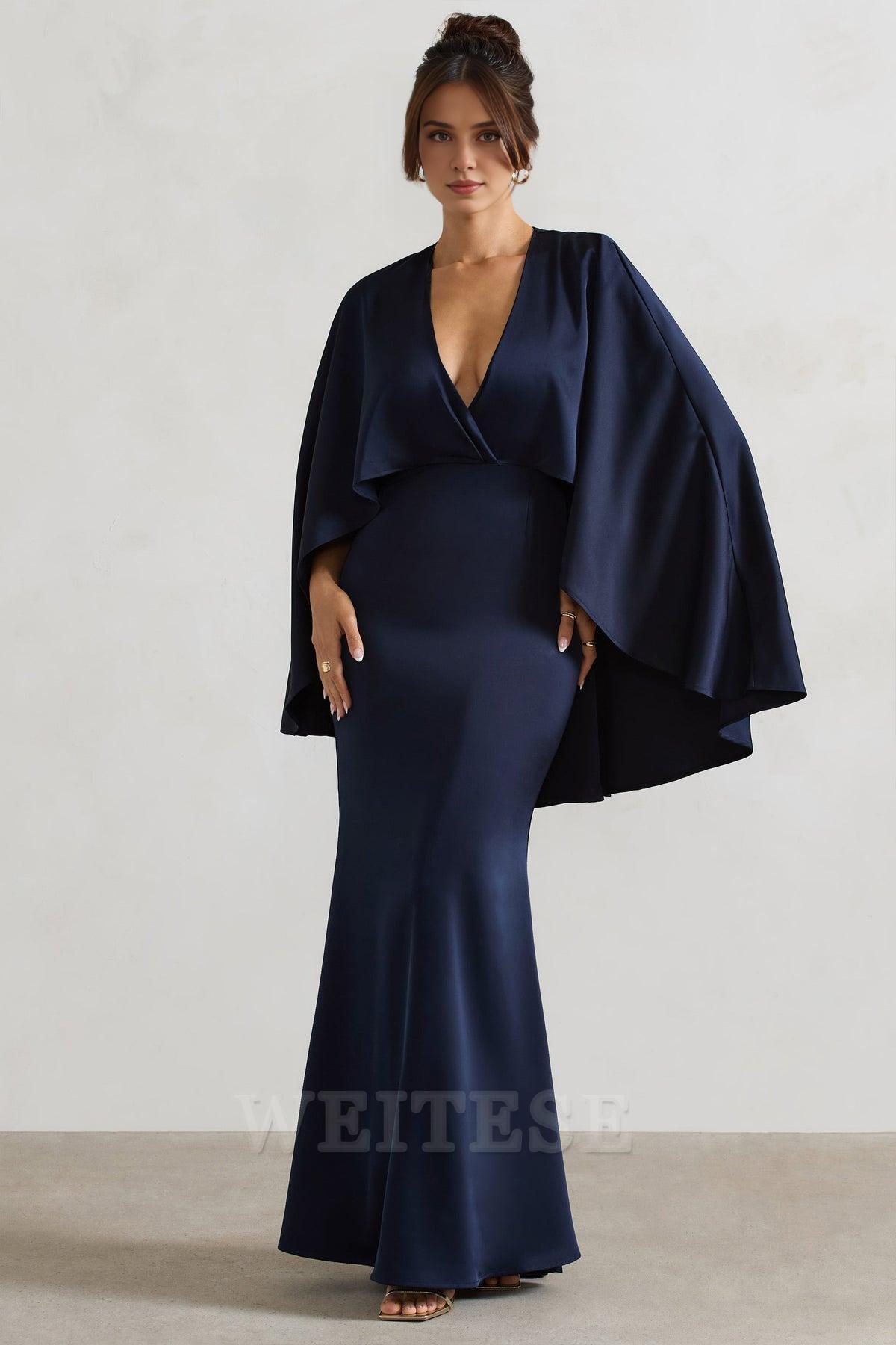 Robe longue en satin champagne Weitese, décolleté plongeant, manches cape, robe de demoiselle d'honneur, col en V profond, longueur au sol, robe de bal 