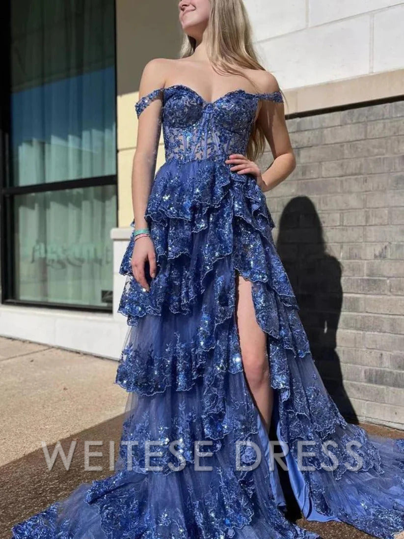 Weitese Dress Beautiful Tulle Appliques Off-the-Shoulder Ruffle Long Prom Dress Sweetheart Tiered Skirt Corset Lace Formal Dresses
