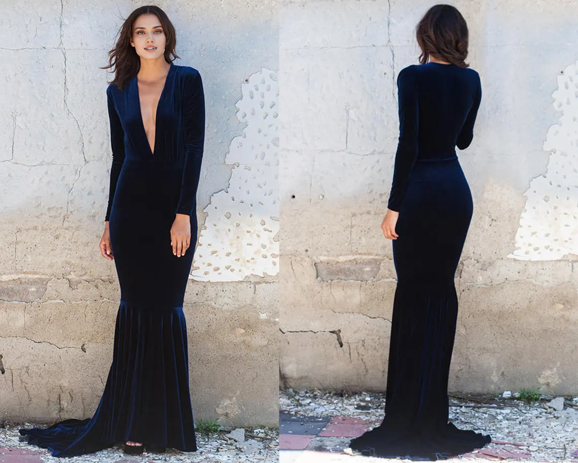 Navy Blue Velvet V Neck Long Sleeve Mermaid Dress Deep V Neck Wedding Dress Reception Dress Prom Evening Dress Bridal Gown