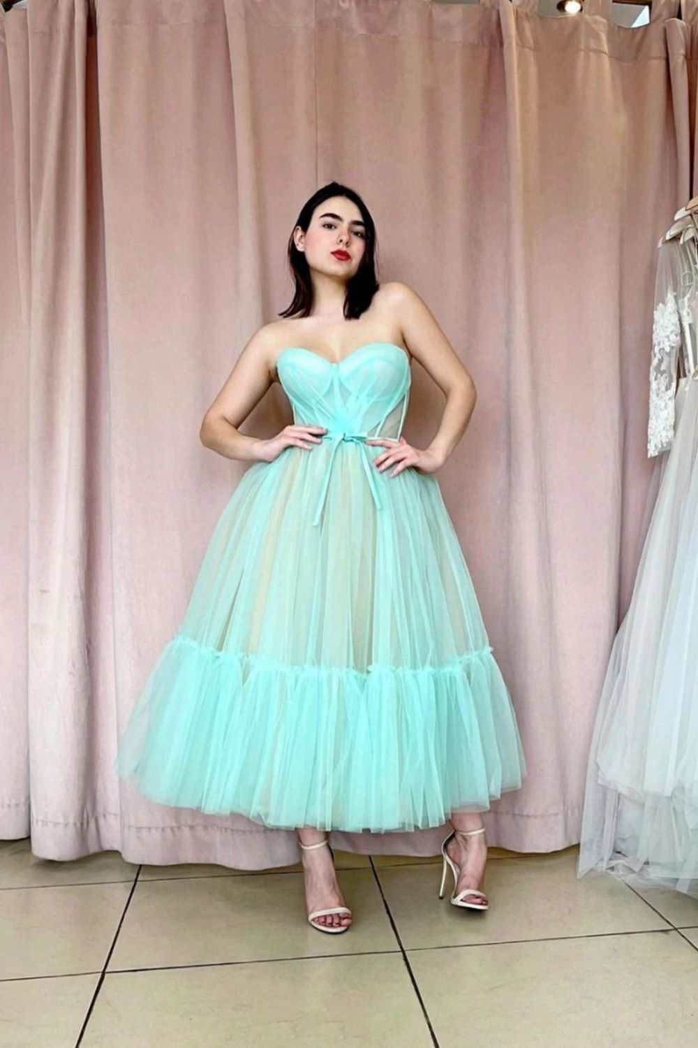 Weitese New Design A-line Tea Length Strapless Homecoming Dress
