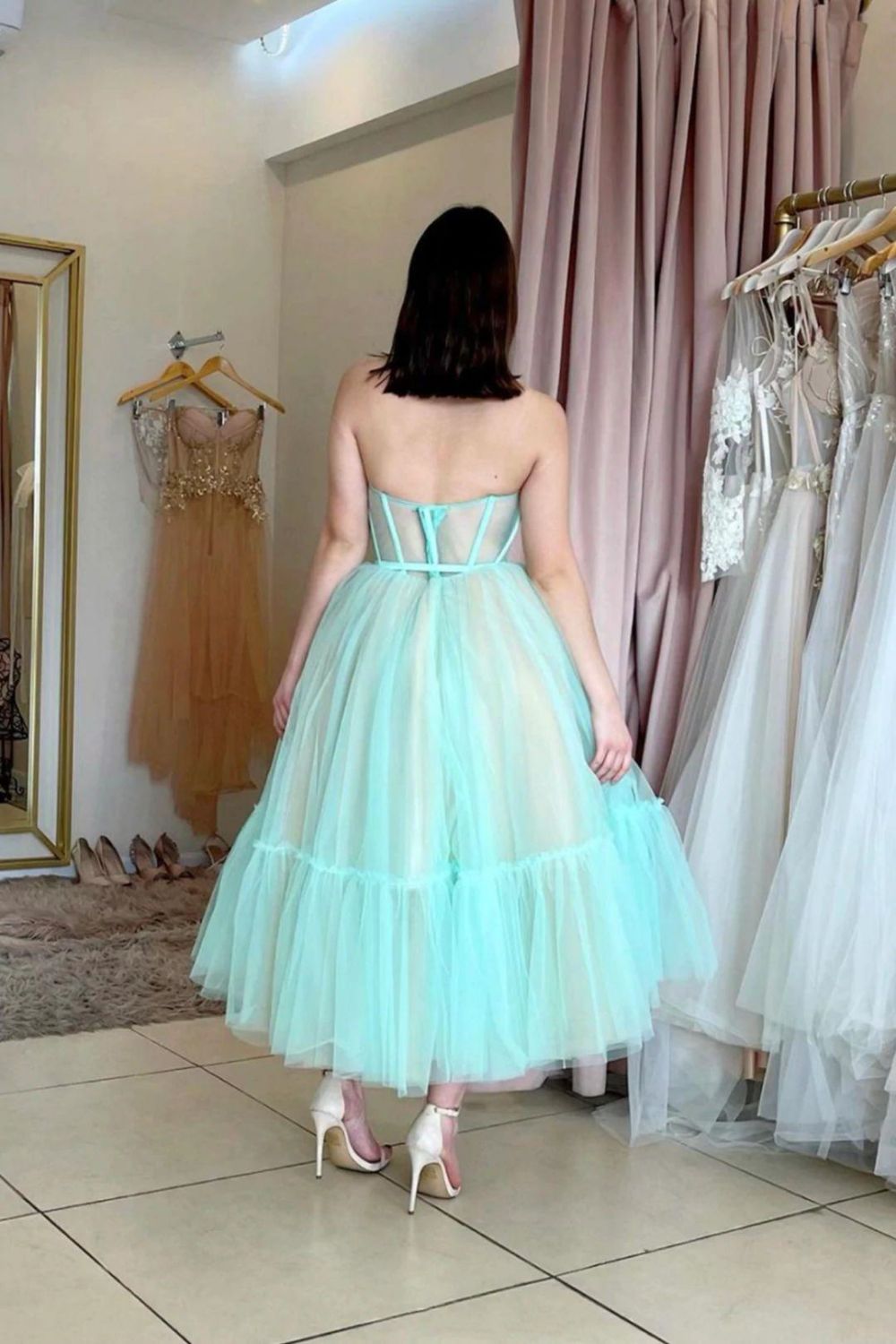Weitese New Design A-line Tea Length Strapless Homecoming Dress