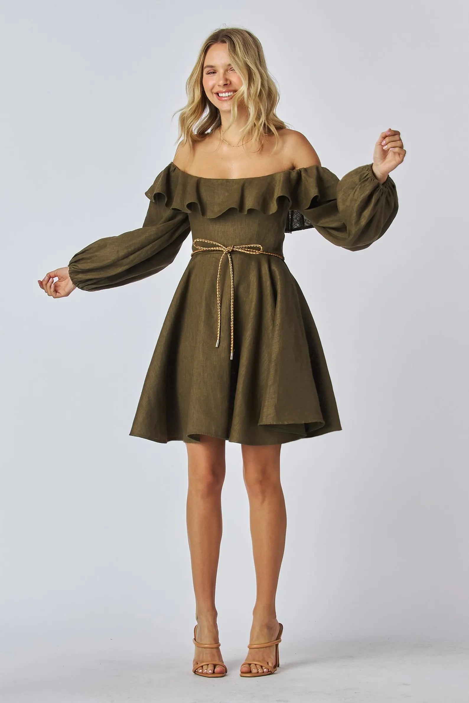New A-Line Off-Shoulder Long Sleeve Ruffled Bohemian Olive Green Mini Homecoming Dresses