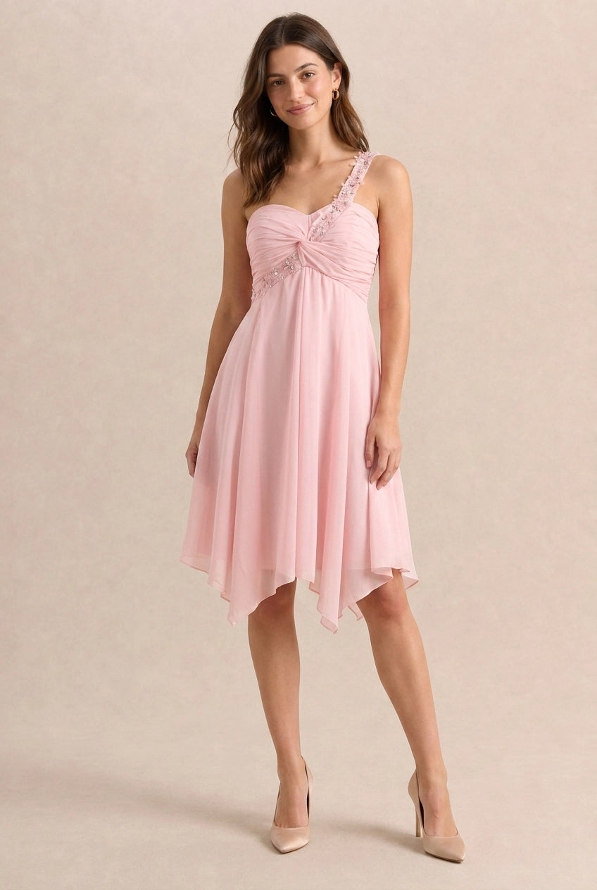 New A-Line One-Shoulder Ruched Chiffon Pink Short Homecoming Dress With Asymmetrical Hem