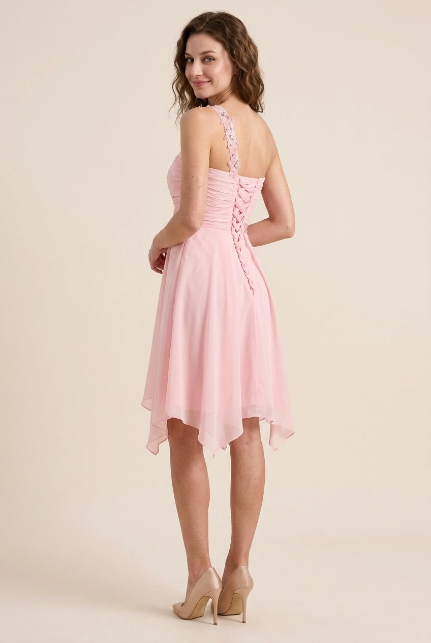 New A-Line One-Shoulder Ruched Chiffon Pink Short Homecoming Dress With Asymmetrical Hem