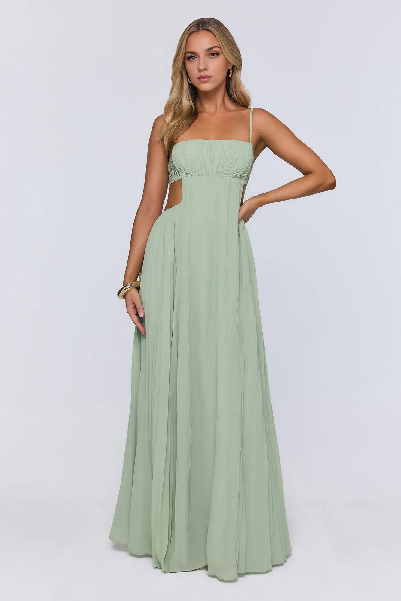 New A-Line Square Neck Pleated Cutout Sage Green Floor-Length Prom Dress With Tie
