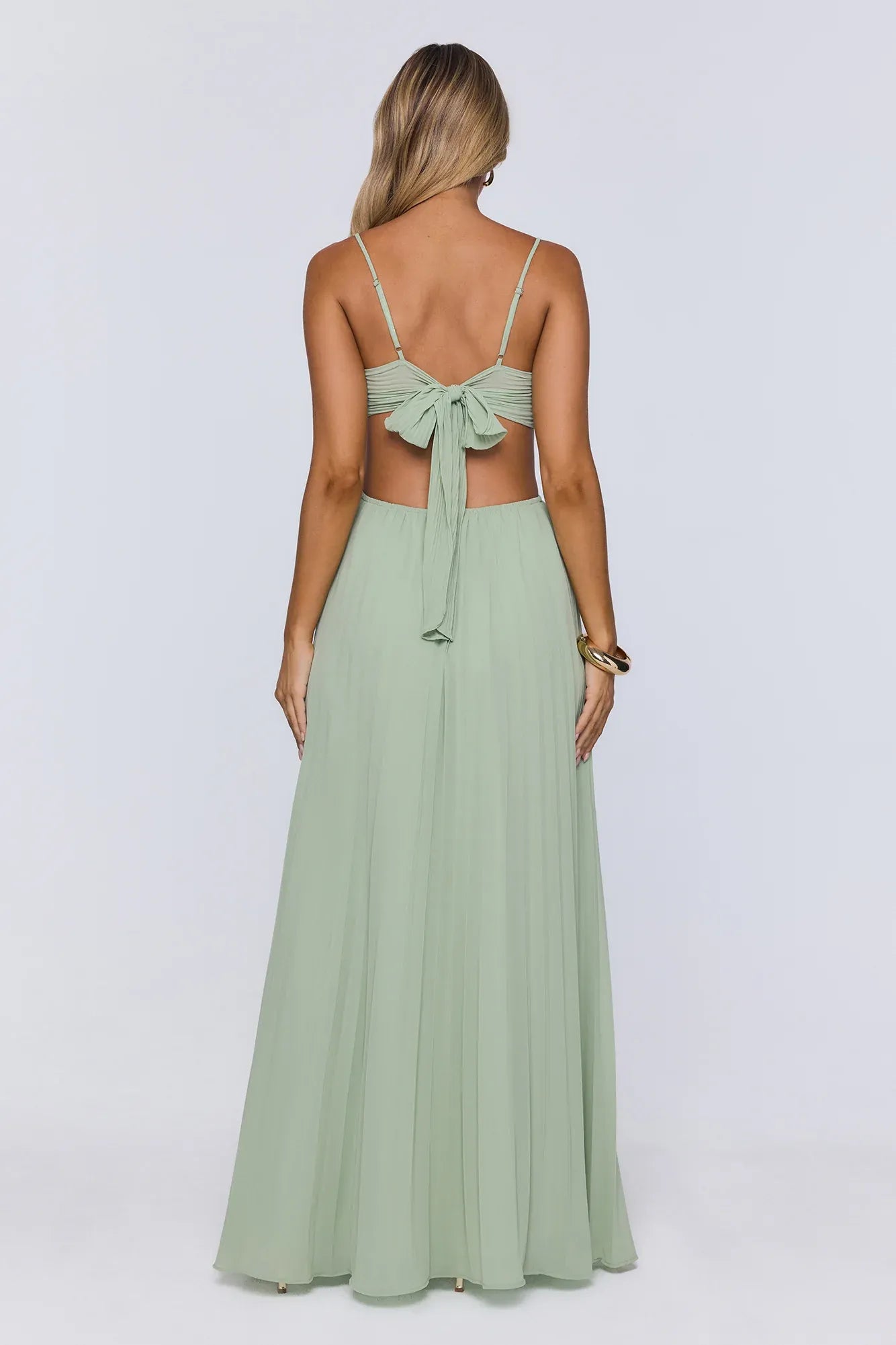 New A-Line Square Neck Pleated Cutout Sage Green Floor-Length Prom Dress With Tie