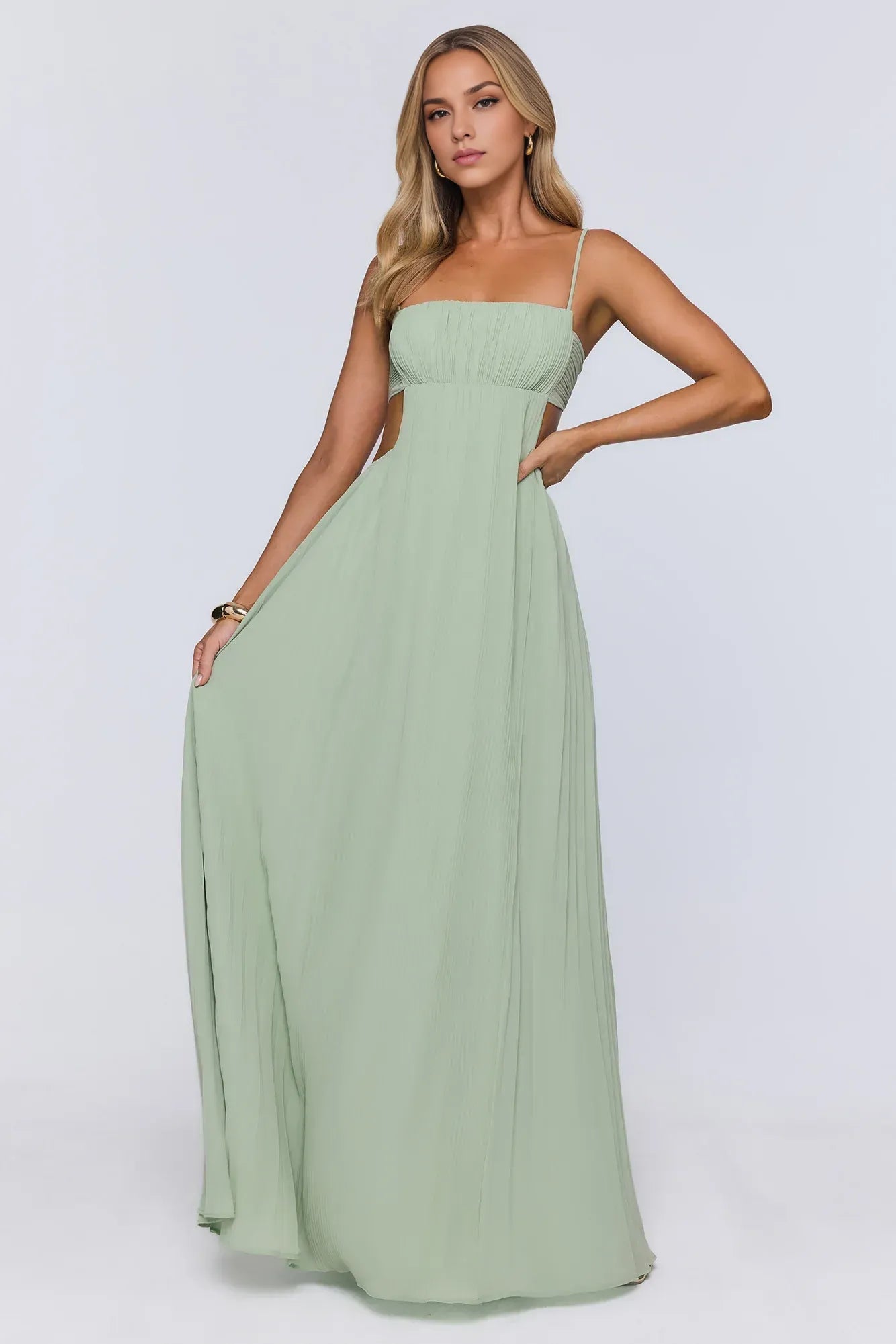 New A-Line Square Neck Pleated Cutout Sage Green Floor-Length Prom Dress With Tie