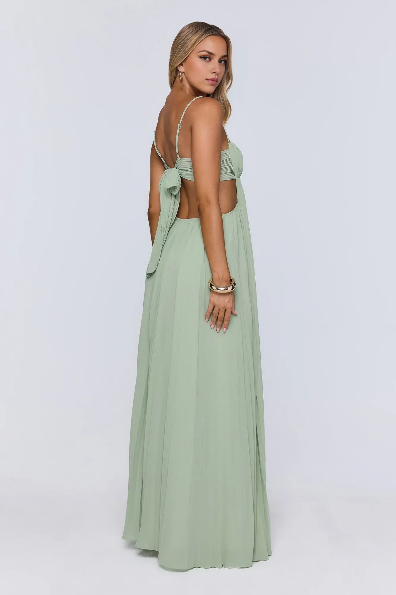 New A-Line Square Neck Pleated Cutout Sage Green Floor-Length Prom Dress With Tie