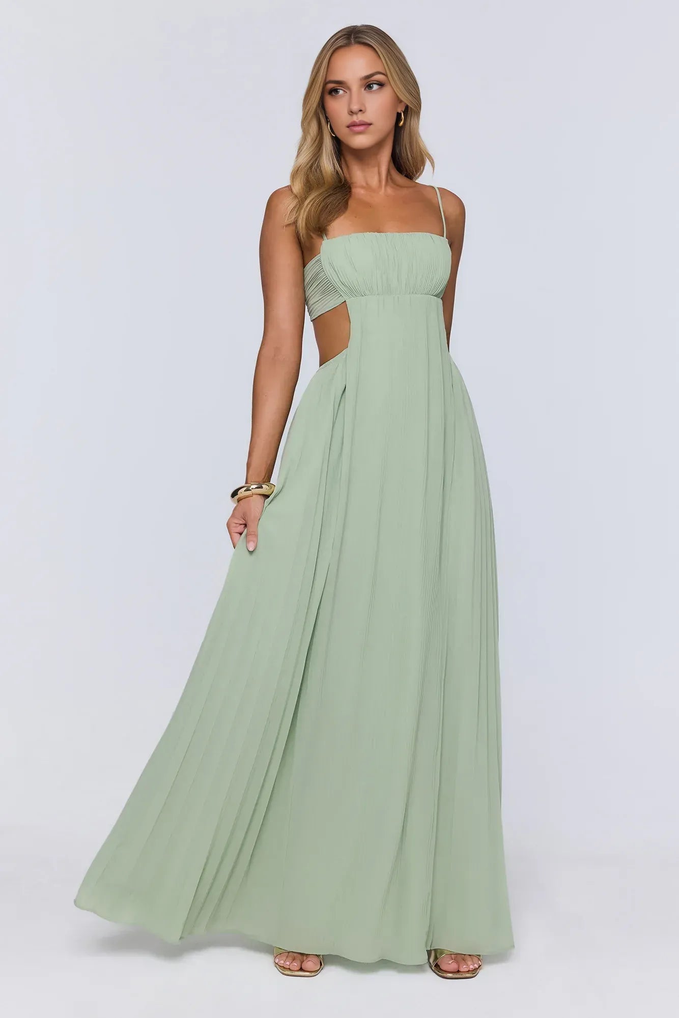 New A-Line Square Neck Pleated Cutout Sage Green Floor-Length Prom Dress With Tie