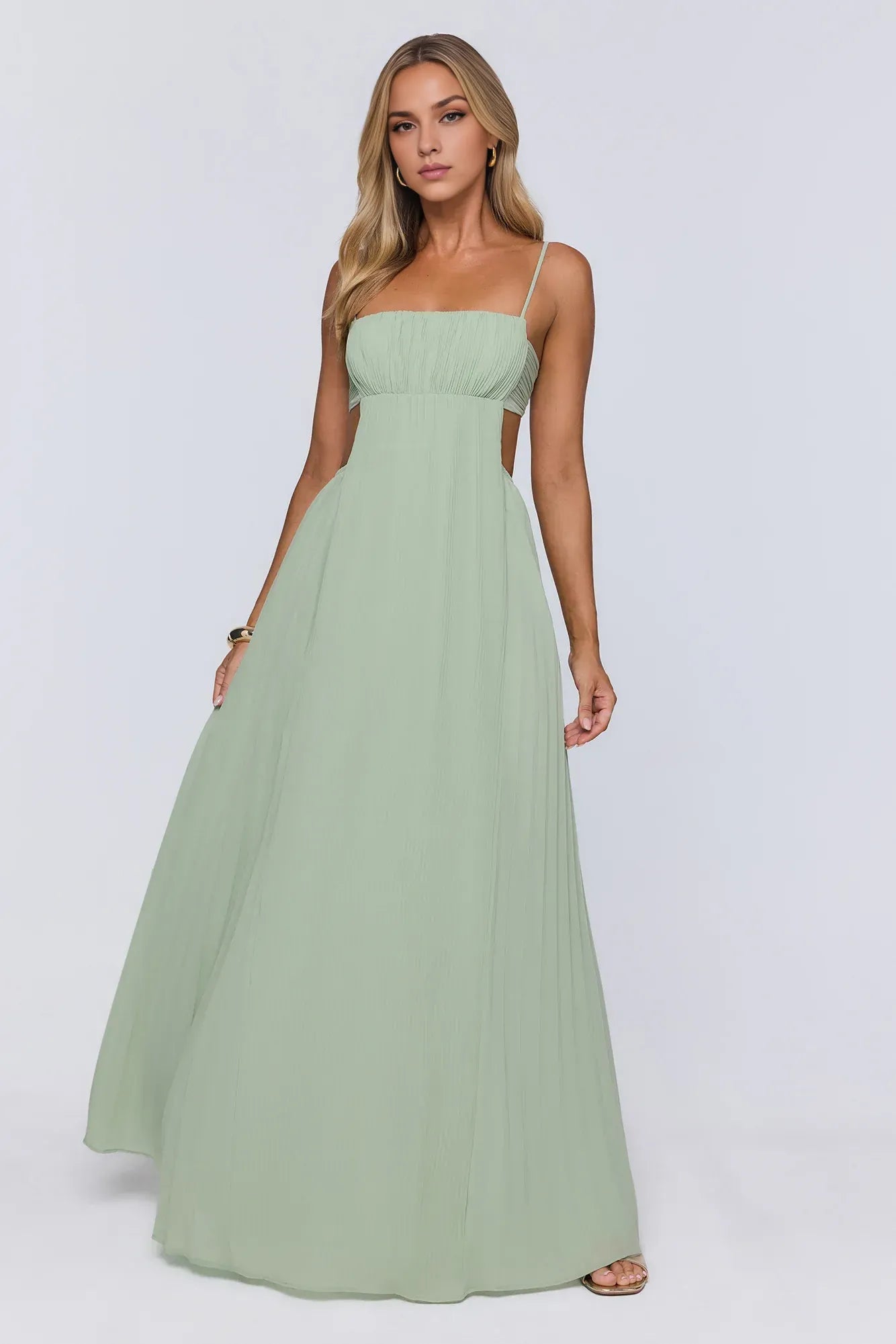 New A-Line Square Neck Pleated Cutout Sage Green Floor-Length Prom Dress With Tie