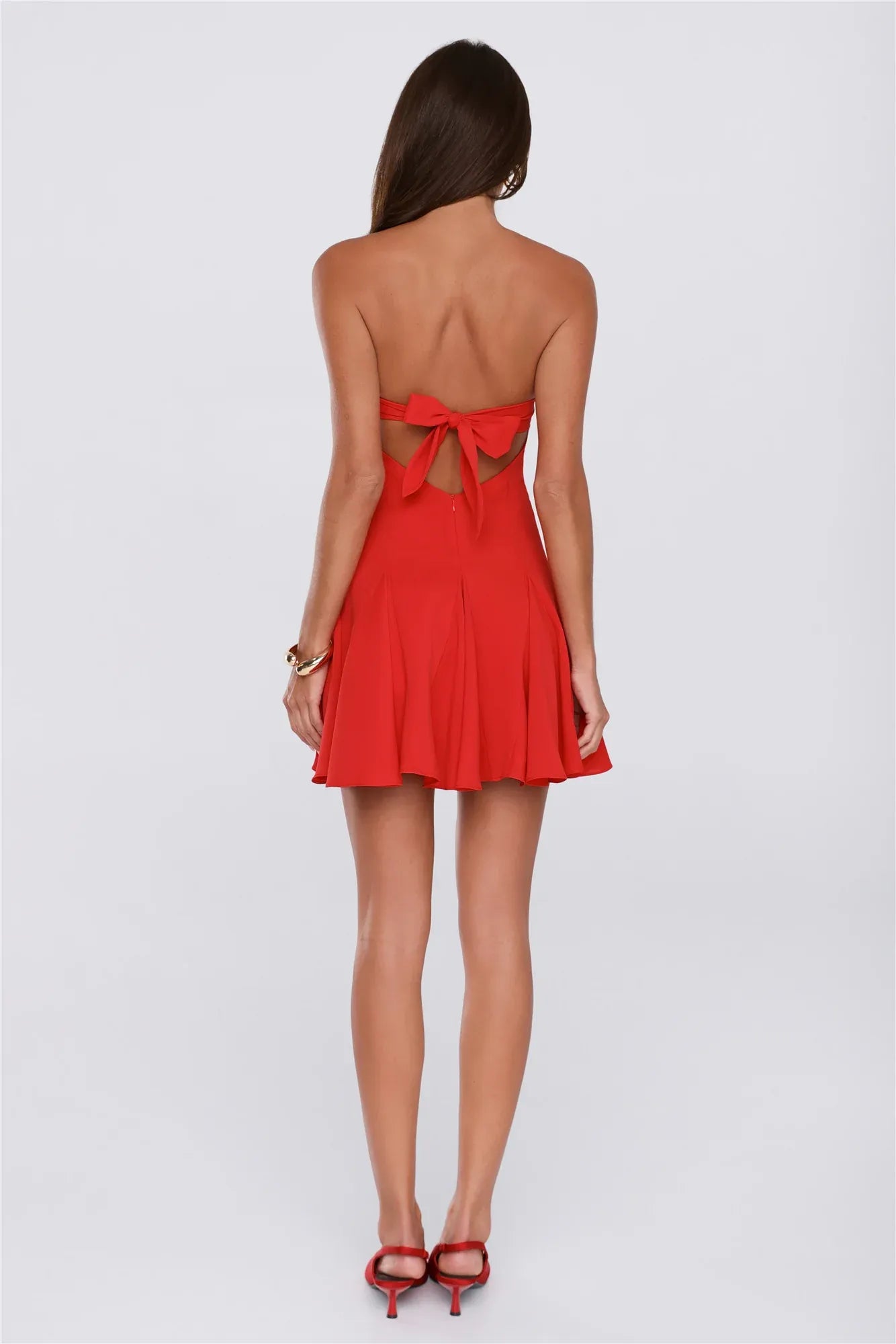 New A-Line Strapless Backless Bow-Knot Ruffle Red Mini Homecoming Dress