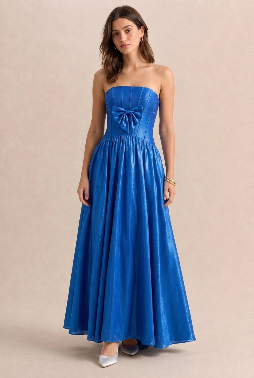 New A-Line Strapless Corset Bow Shimmering Royal Blue Midi Prom Dress