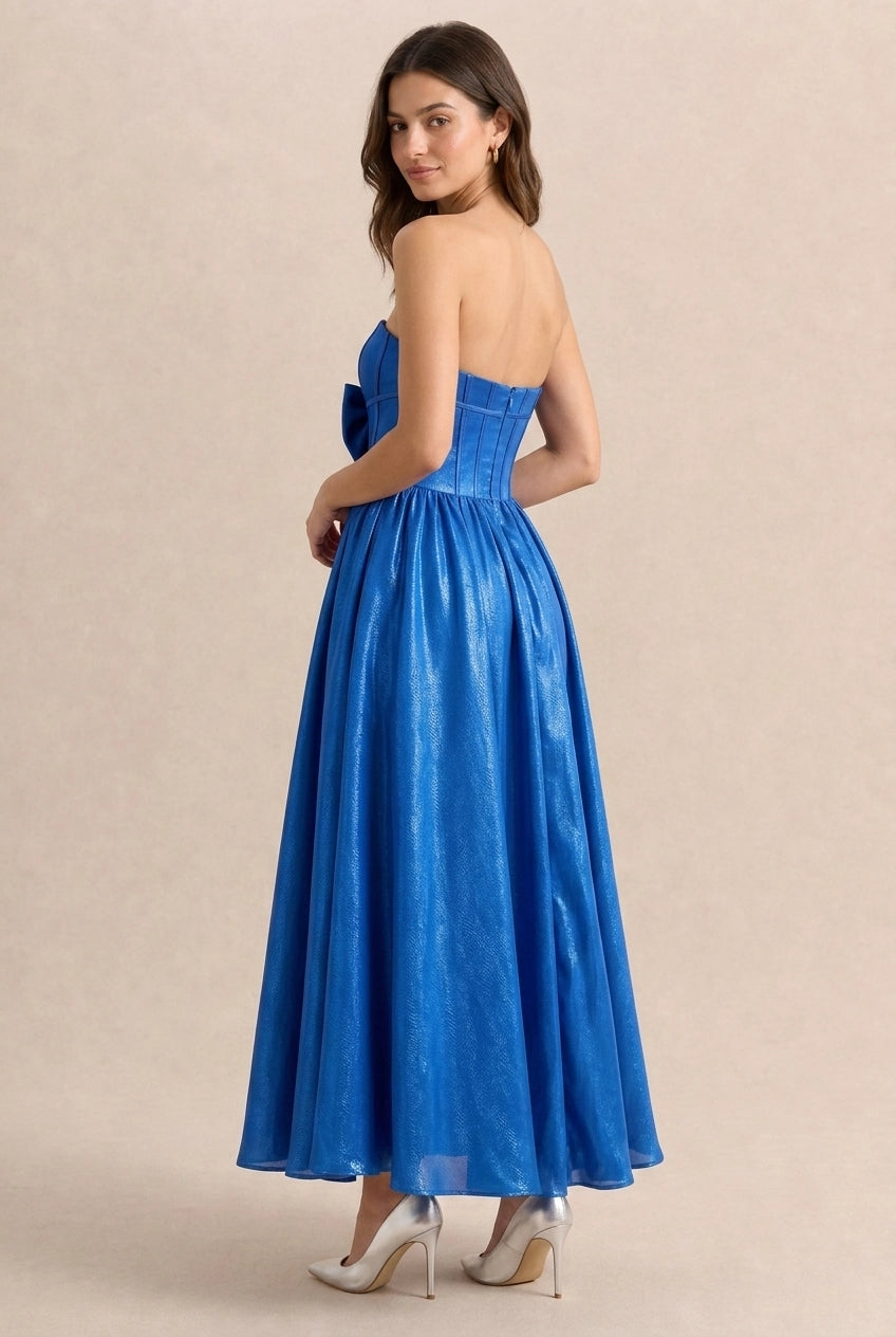 New A-Line Strapless Corset Bow Shimmering Royal Blue Midi Prom Dress