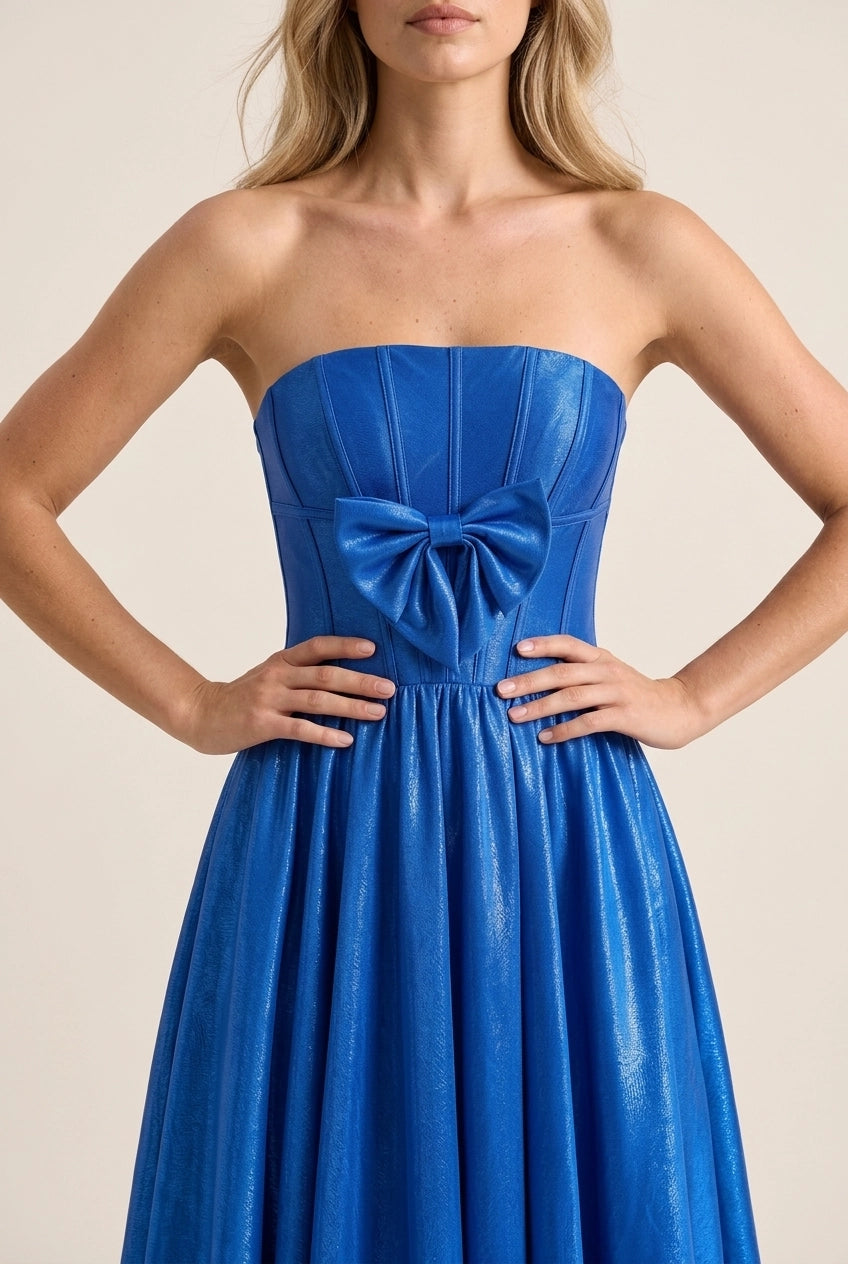 New A-Line Strapless Corset Bow Shimmering Royal Blue Midi Prom Dress