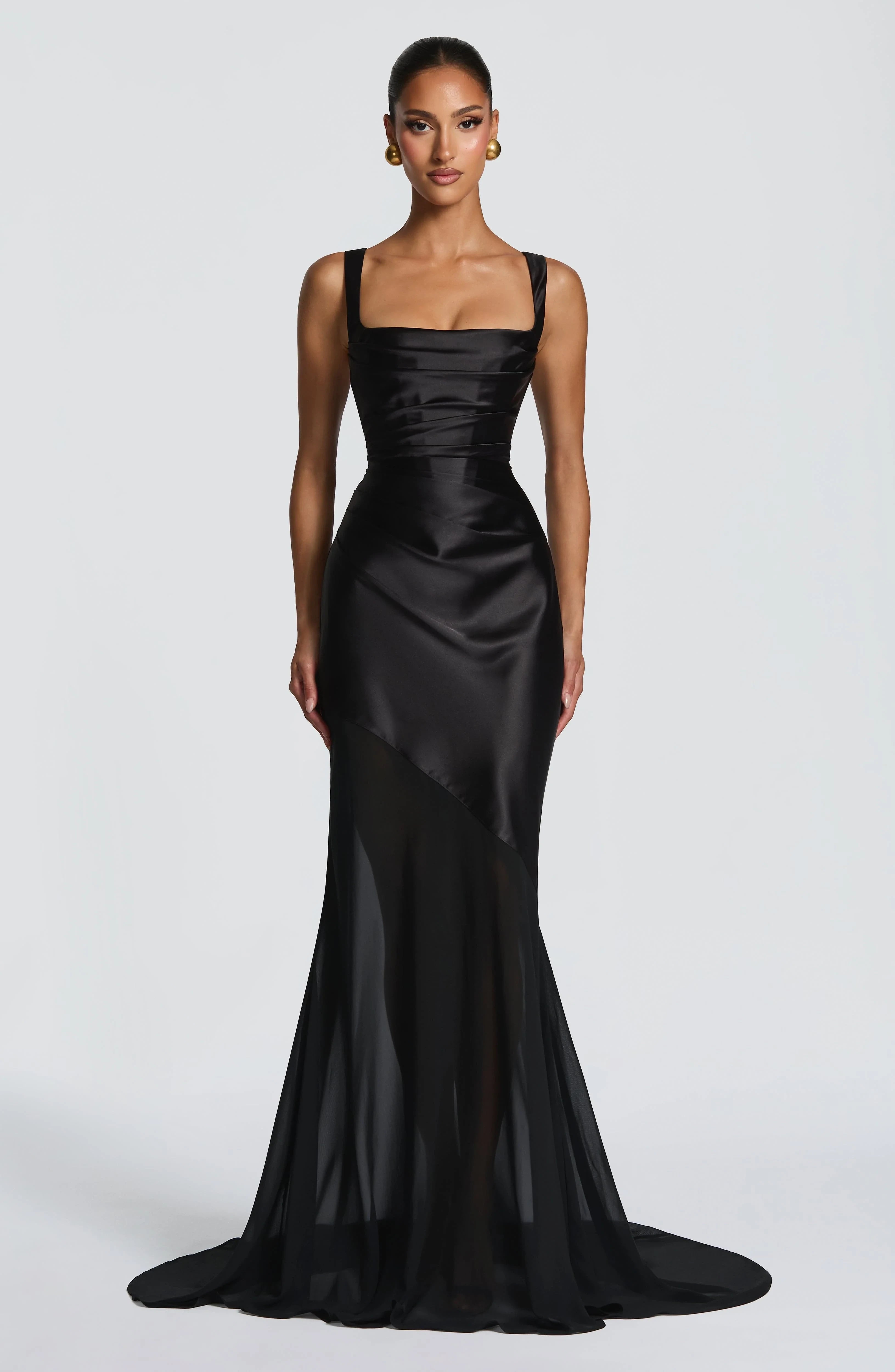 New Mermaid Square Neck Corset Pleated Satin Chiffon Black Floor-Length Prom Dress