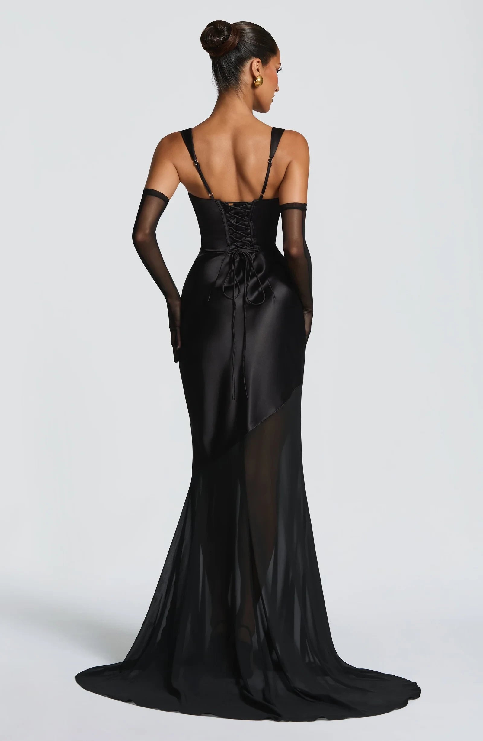 New Mermaid Square Neck Corset Pleated Satin Chiffon Black Floor-Length Prom Dress