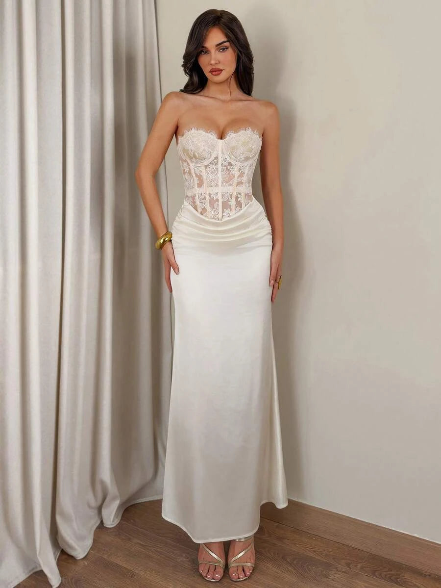 New Sheath Sweetheart Lace Bodice Draped Waist Ivory Floor-Length Prom Dress