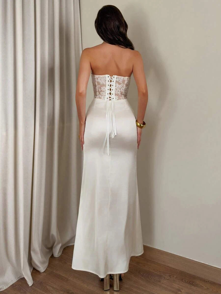 New Sheath Sweetheart Lace Bodice Draped Waist Ivory Floor-Length Prom Dress
