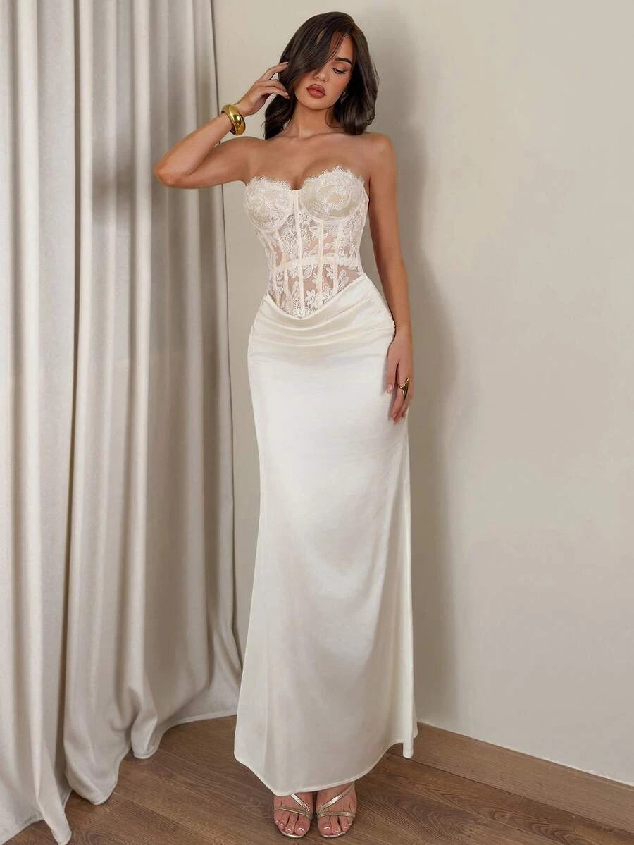 New Sheath Sweetheart Lace Bodice Draped Waist Ivory Floor-Length Prom Dress