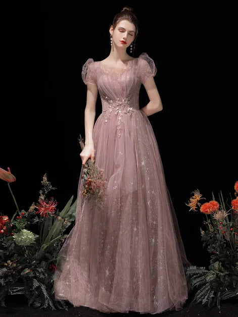Dusty Pink Puff Sleeve Star Glitter Tulle Prom Dress With Beaded Waist