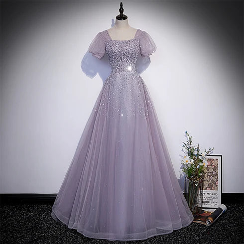 Dusty Lavender Square Neck Puff Sleeve Sequin Tulle A Line Prom Dress Corset Back